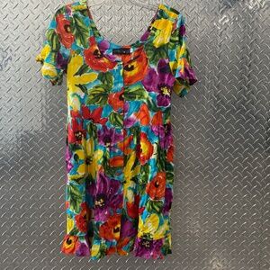 Vntg Jams World Trisha multicolour floral dress size S button ruffle rayon USA